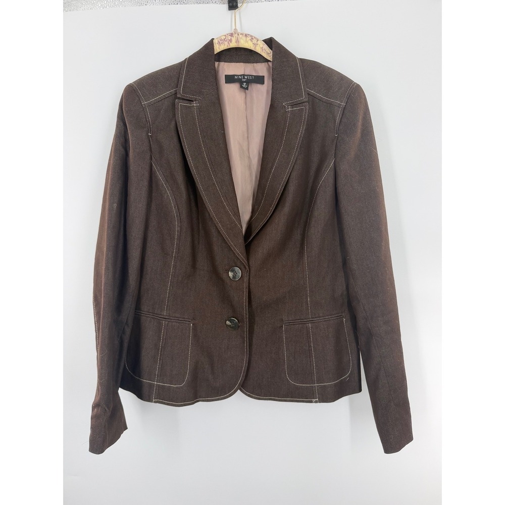 Nine West Suit Womens Brown Contrast Stitch Denim Blazer Jacket Size 12